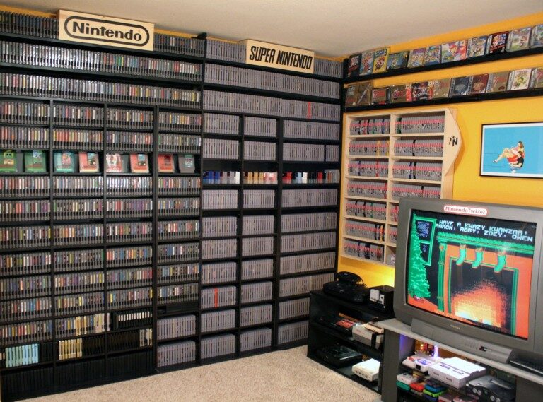 A wall of NES and Super Nintendo games — a large, focused retro collection