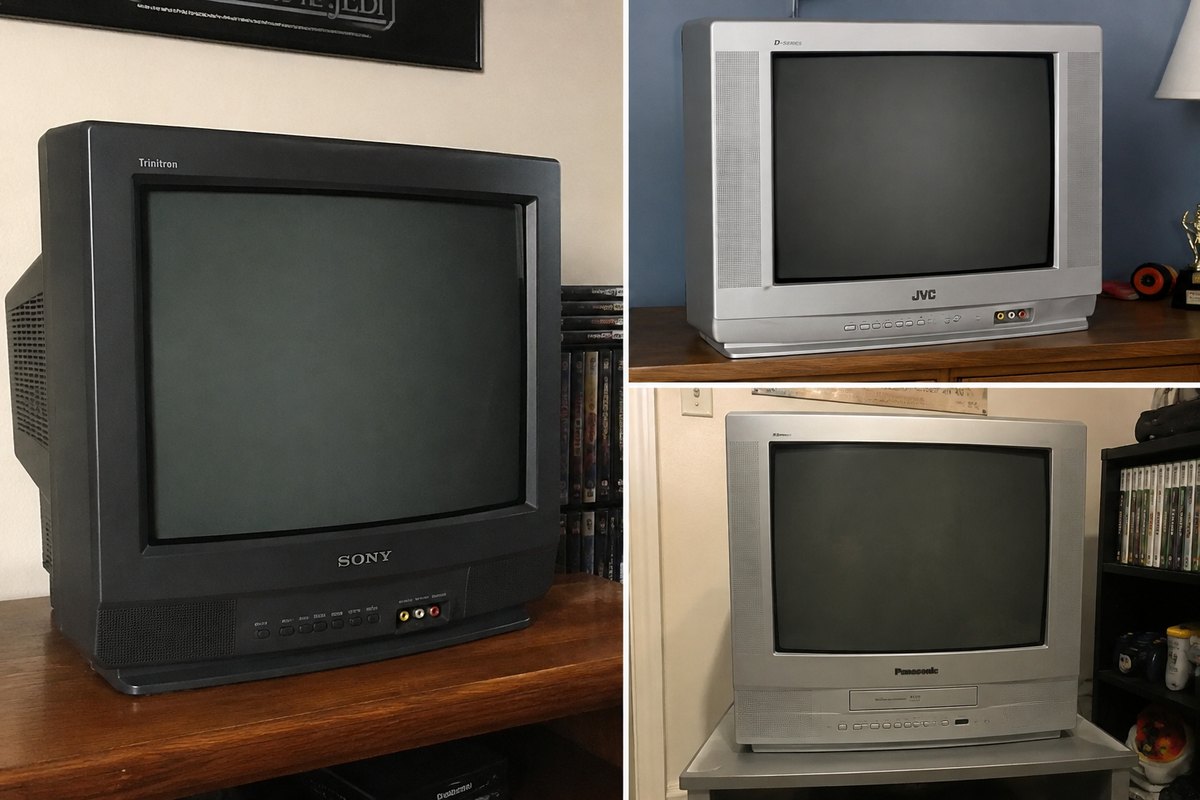 Three consumer CRT televisions of the kind used for retro gaming: a dark grey Sony Trinitron on a wooden cabinet, a silver JVC D-Series, and a silver Panasonic CRT with a built-in disc player
