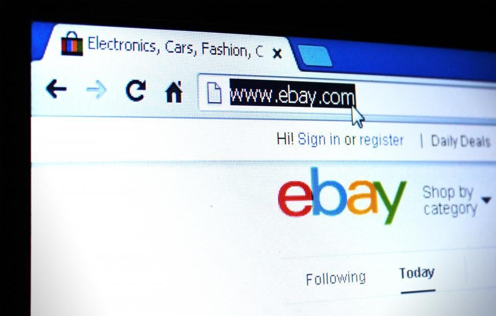 The eBay homepage on a computer screen — a large online marketplace for selling retro games