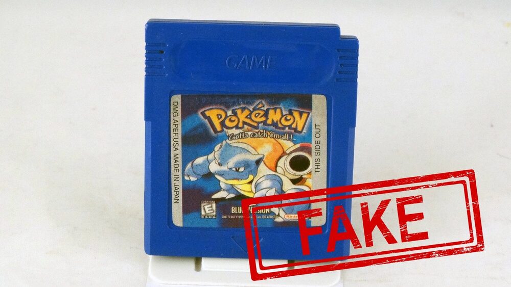 A counterfeit Pokemon Blue Game Boy cartridge marked FAKE