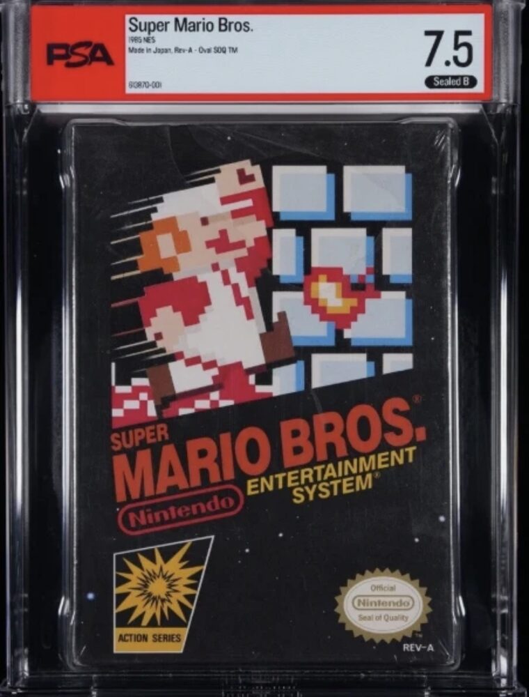 A sealed Super Mario Bros. for NES in a PSA graded case, showing a 7.5 grade with a Sealed B seal rating